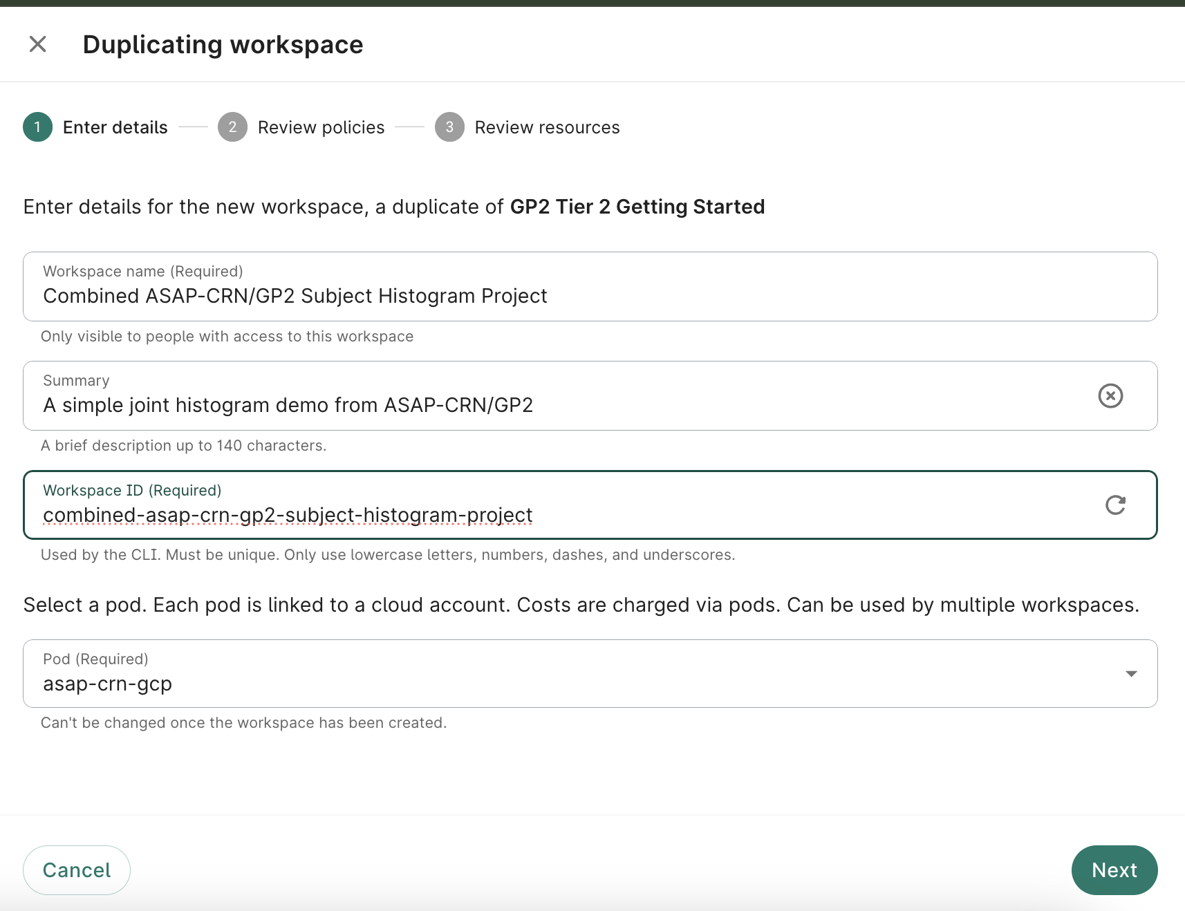 Duplicating workspace